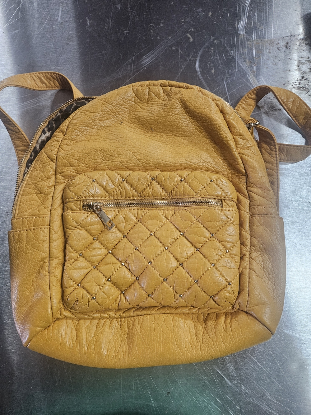 Quilted Mustard Yellow Leather Backpack With Rhineatones & Leopard Print Inside